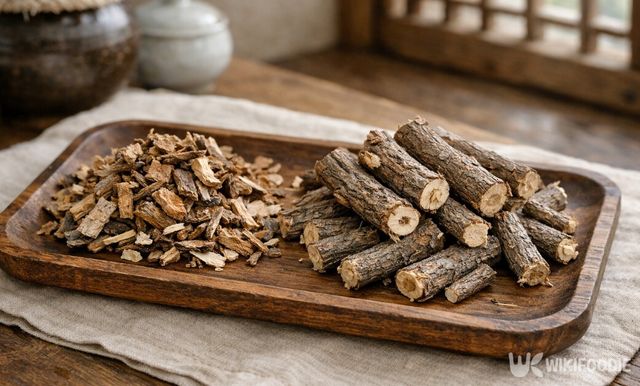 건조한 접골목 줄기를 잘게 썰어 약재로 준비한 모습. / 위키푸디