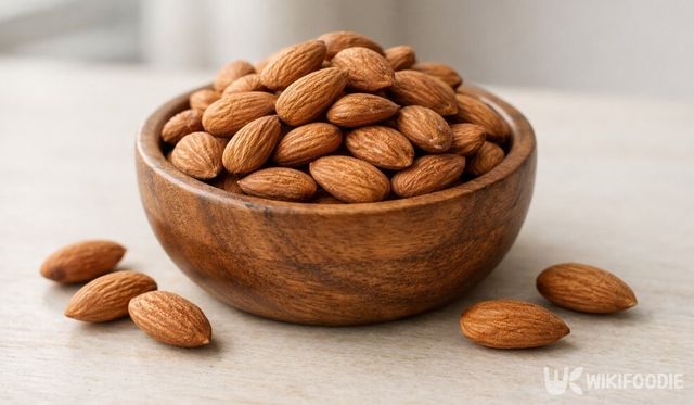 나무 그릇에 담긴 아몬드. / 위키푸디