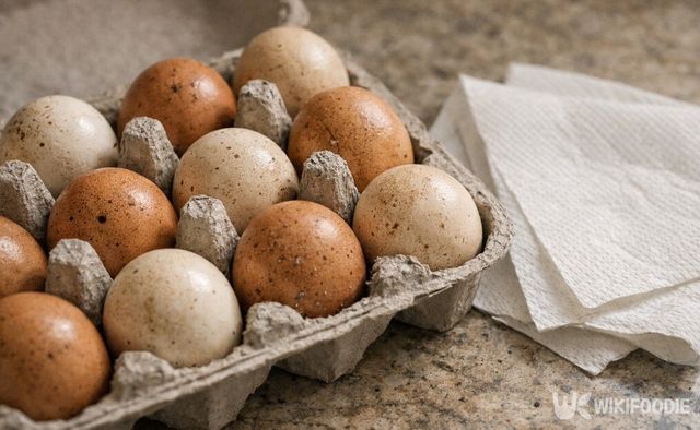 달걀 껍데기를 물로 씻으면 표면 보호막이 손상될 수 있다. / 위키푸디