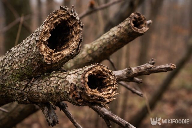 접골목 줄기를 자른 단면에서 속이 비어 있는 조직이 드러난 모습이다. / 위키푸디