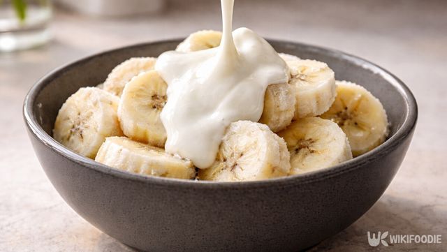 바나나에 요거트를 붓고 있다. / 위키푸디