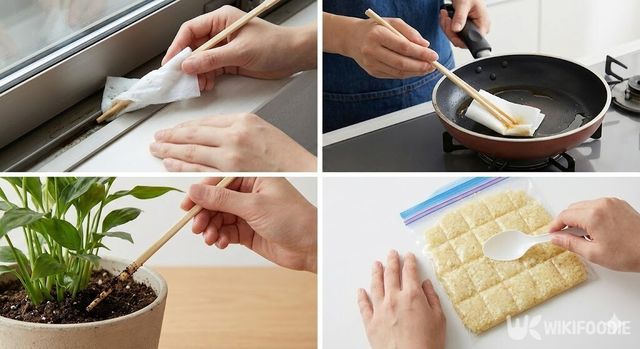 일회용 수저를 창틀 청소, 프라이팬 기름 제거, 화분 흙 상태 확인, 다진 양념 소분 등 다양한 살림에 유용하게 활용하는 네 가지 방법을 보여주는 이미지. / 위키푸디