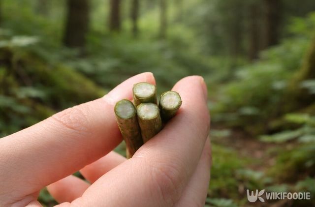 손으로 꺾은 접골목 가지 속이 연한 초록빛으로 또렷하게 보이는 모습이다. / 위키푸디