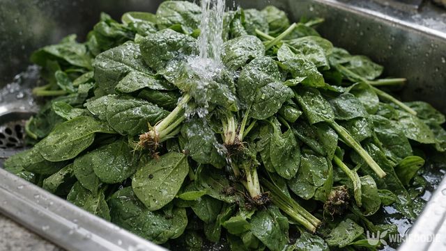 싱크대에서 물로만 헹구는 과정에서는 잎 사이에 남은 이물질과 성분을 완전히 제거하기 어렵다. / 위키푸디