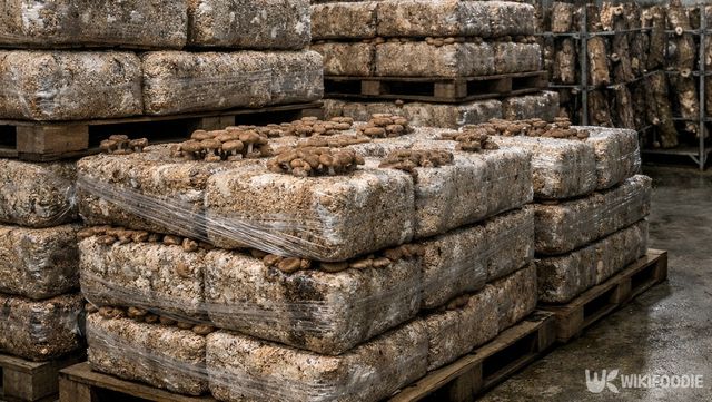 중국식 압축 톱밥 배지 블록이 팔레트에 적재된 창고 내부 모습이다. 해당 이미지는 기사 이해를 돕기 위해 AI로 재연하였습니다. / 위키푸디