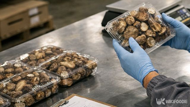 유통센터 검사대에서 작업복 차림의 담당자가 포장된 건표고버섯을 확인하고 있다. 해당 이미지는 기사 이해를 돕기 위해 AI로 재연하였습니다. / 위키푸디