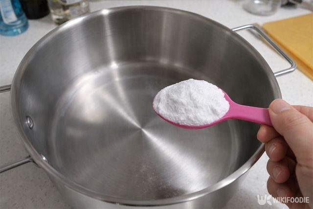 스테인리스 냄비에 베이킹소다를 한 스푼 넣고 있다. / 위키푸디