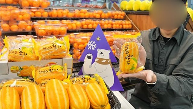 지난 30일 서울시 송파구에 위치한 롯데마트 제타플렉스 잠실점에서 겨울 참외인 '참스런 참외'를 홍보하는 남성의 모습이다. / 롯데마트