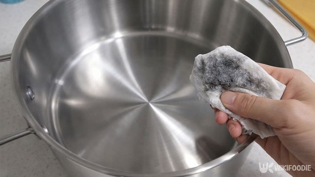 새 스테인리스 냄비를 닦자 연마제가 잔뜩 묻어나온 모습이다. / 위키푸디