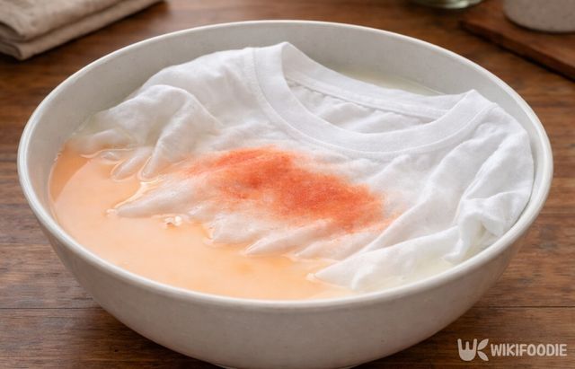 김치 얼룩이 묻은 옷을 우유에 담가 둔 모습이다. / 위키푸디