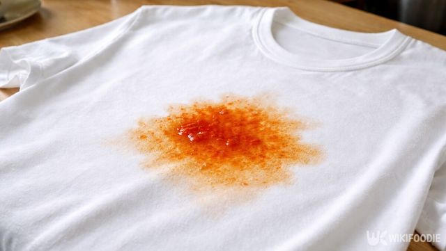 김치 국물이 묻어 붉은 색소와 기름기가 함께 남은 티셔츠다. / 위키푸디