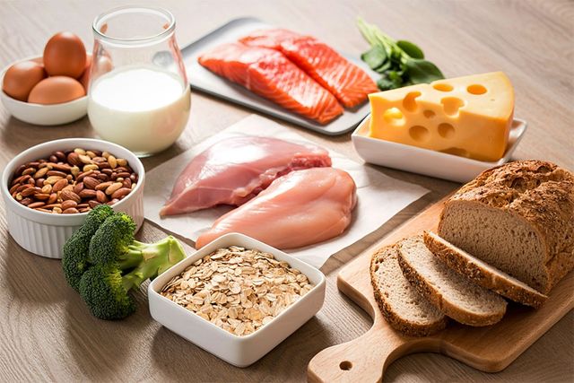 생선, 닭고기, 달걀, 유제품, 견과류, 곡물, 채소 등 단백질이 풍부한 식품의 모습이다. / ChirilaSofi-shutterstock.com