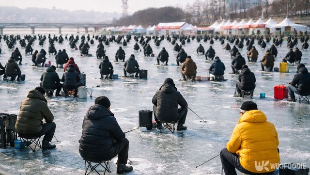 축제에 온 사람들이 산천어 얼음낚시를 하고 있다.&nbsp;해당 이미지는 기사 이해를 돕기 위해 AI로 재연하였습니다. / 위키푸디