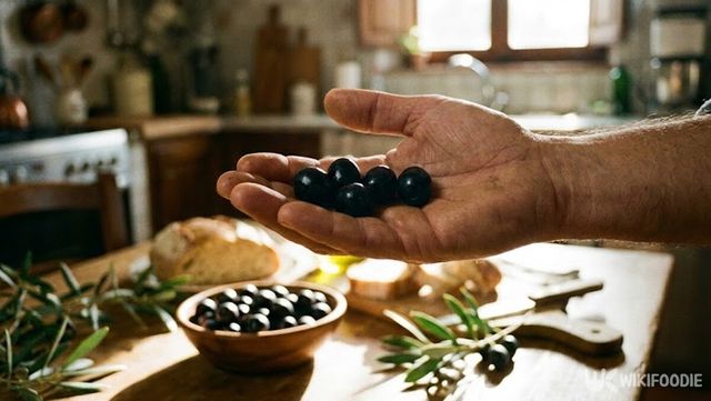 손에 블랙 올리브 5알이 있다. / 위키푸디