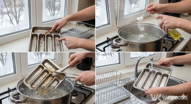 끓는 물에 주방세제와 베이킹소다를 풀어 찌든 금속 식기류를 간편하게 씻는 방법을 단계별로 보여주는 4컷 이미지. / 위키푸디