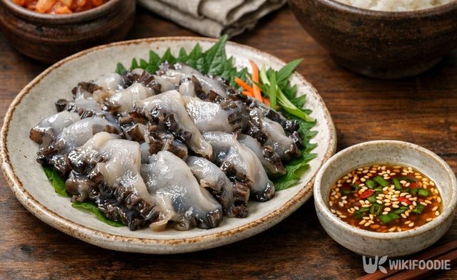 얇게 썰어낸 해삼회다. / 위키푸디