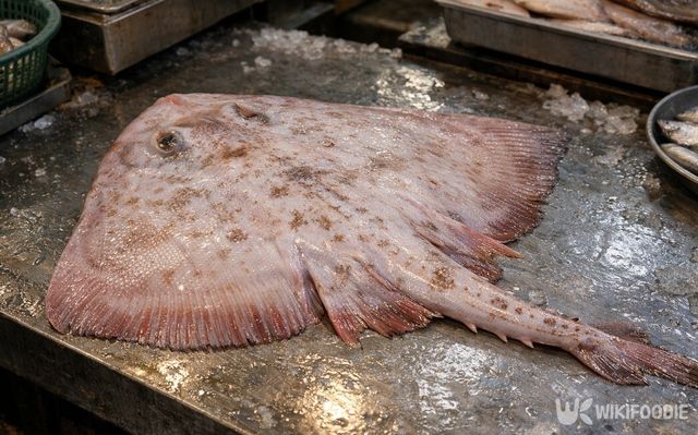 시장 좌판 위에 놓인 생 홍어다. / 위키푸디
