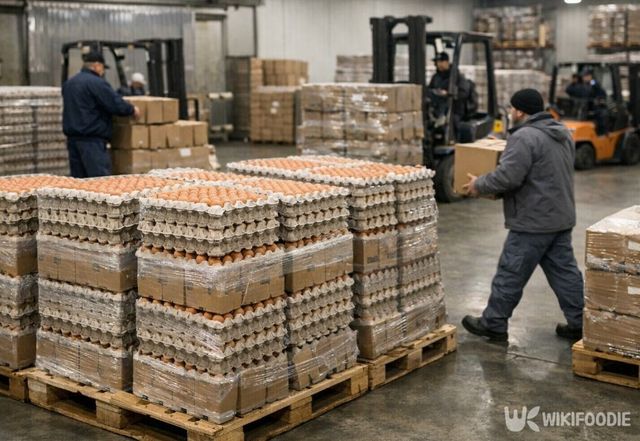 계란 수급 안정을 위해 수입 신선란이 물류창고로 입고되는 모습이다. / 위키푸디