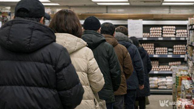 계란 구매 제한 안내가 붙은 마트에서 소비자들이 줄을 서서 기다리고 있다. / 위키푸디