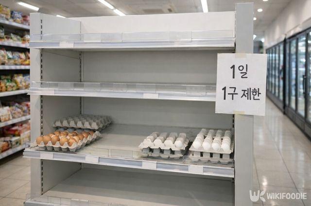 계란 물량이 줄어들며 판매 수량 제한 안내문이 붙은 동네 마트 계란 매대. / 위키푸디