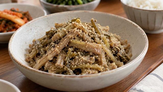 들깨가루를 넣어 무친 토란대나물. 부드러운 줄기에 고소한 맛이 어우러진다. 사진=위키푸디