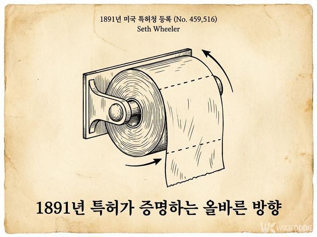 1891년 미국 특허 도면을 통해 휴지는 앞쪽으로 풀리는 방식이 기준이었다. / 위키푸디