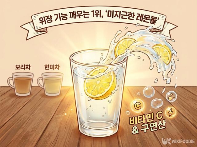 아침 공복에 마시면 좋은 음료 1위 레몬 물 삽화. / 위키푸디