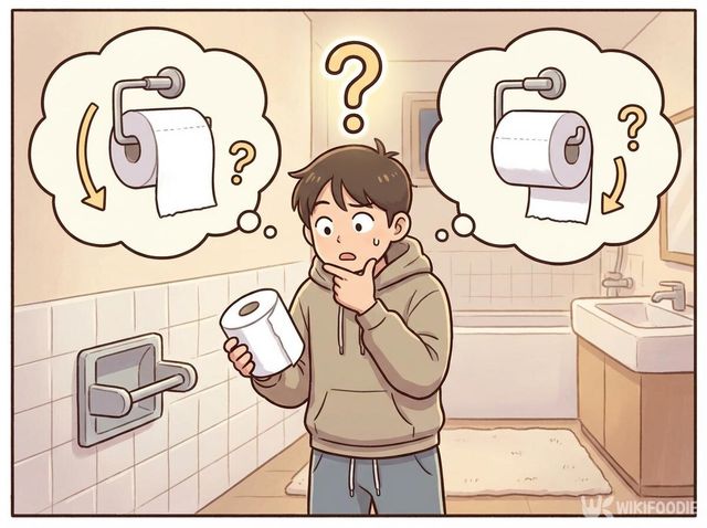 화장실에서 휴지를 어느 방향으로 걸어야 할지 고민하는 상황이다. / 위키푸디