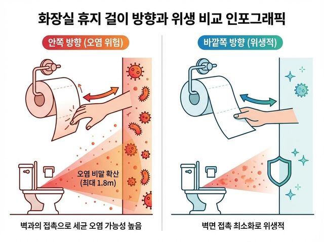 화장실 휴지를 안쪽·바깥쪽으로 걸었을 때 손 접촉과 벽면 오염 가능성 차이를 위생 비교. / 위키푸디