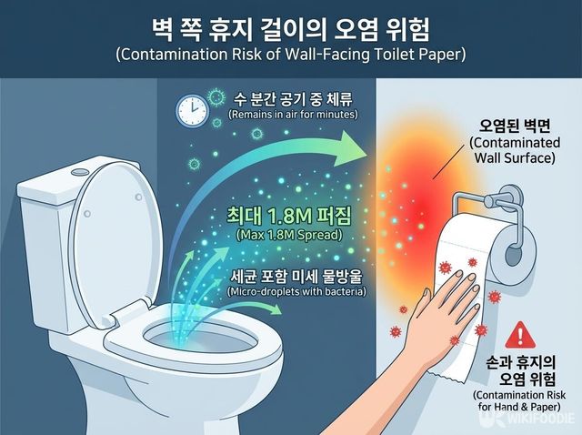변기 물을 내릴 때 튀는 미세 물방울로 벽 쪽을 향한 휴지가 오염될 수 있음을 설명한 인포그래픽. / 위키푸디