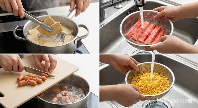 가공식품의 첨가물과 불순물을 줄이기 위해 어묵과 소시지를 데치고, 맛살과 통조림 옥수수를 물에 헹구는 전처리 과정을 보여주는 이미지. / 위키푸디