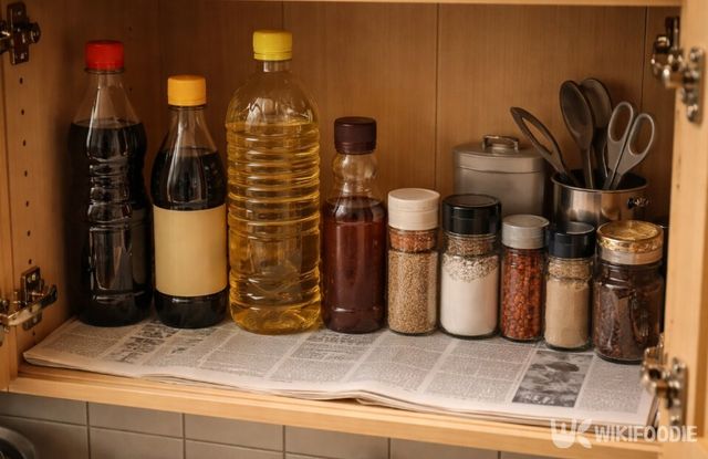 신문지를 깔아두면 찬장 바닥 오염과 습기 관리가 한결 쉬워진다. / 위키푸디