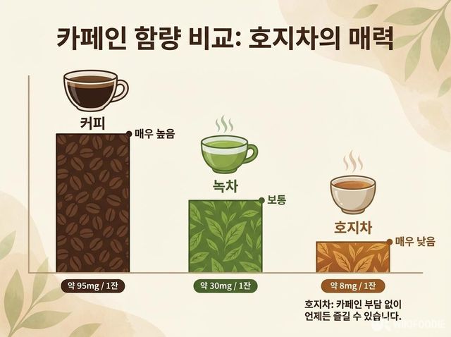 커피, 녹차, 호지차 카페인 비교 삽화. / 위키푸디