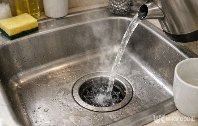 싱크대 배수구에 뜨거운 물을 붓고 있다. / 위키푸디