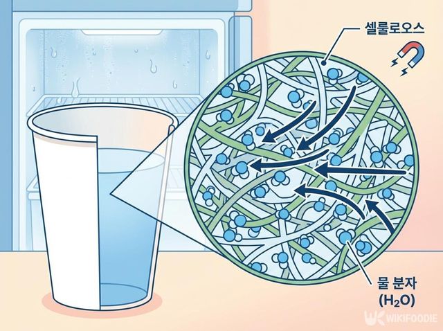 종이컵의 셀룰로오스 섬유가 공기 중 물 분자를 끌어당겨 냉장고 내부 습기를 흡수하는 원리를 나타낸 그림. / 위키푸디