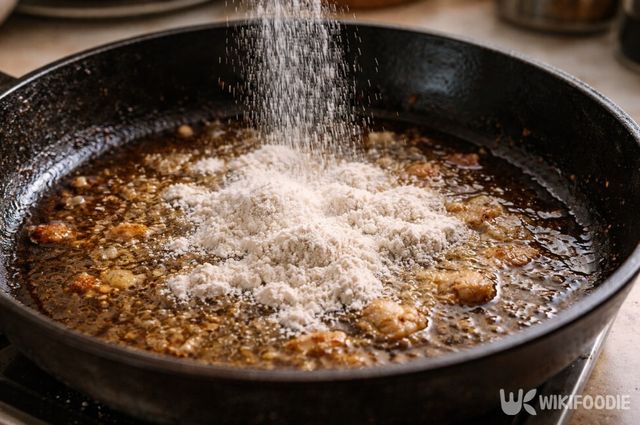 프라이팬에 밀가루를 뿌려 기름을 흡착시키고 있다. / 위키푸디