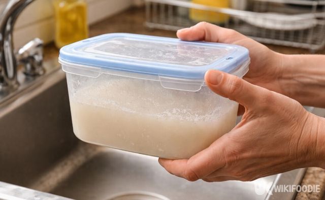 반찬통에 밀가루 물을 넣고 흔들고 있다. / 위키푸디