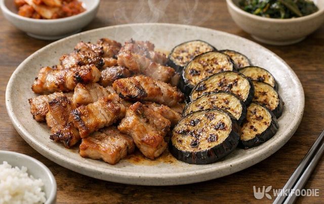 삼겹살과 함께 구워진 가지가 접시에 담겨 있다. / 위키푸디