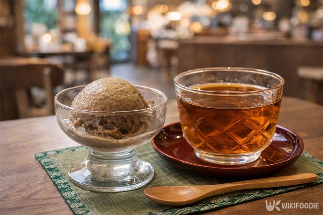 호지차와 호지차 아이스크림이 식탁에 나란히 놓여 있다. / 위키푸디