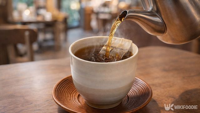 호지차를 찻잔에 따르고 있다. / 위키푸디