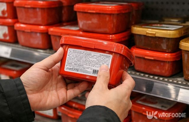 마트 장류 코너에서 제품명을 확인하는 모습이다. / 위키푸디