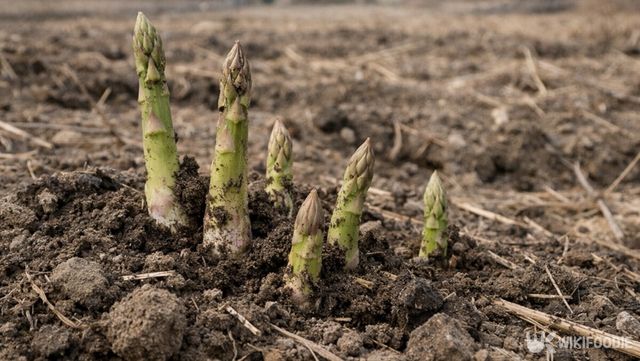 이른 봄 밭에서 흙을 밀어 올리며 자라는 아스파라거스다. / 위키푸디