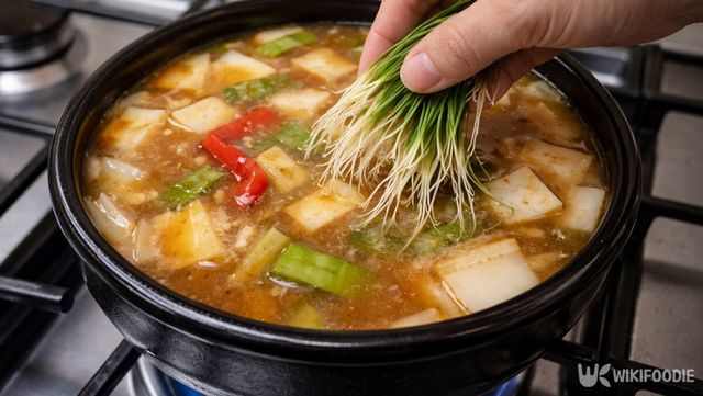 된장찌개에 달래를 넣고 있다. / 위키푸디