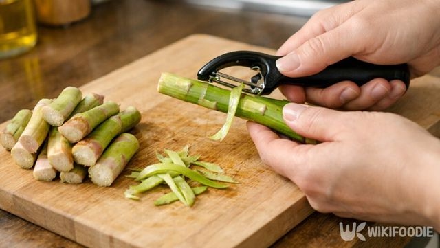 조리 전 밑동을 손질하는 아스파라거스다. / 위키푸디
