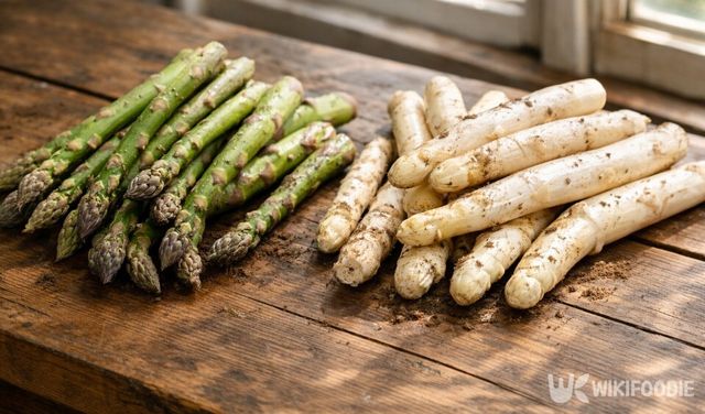색에 따라 구분되는 아스파라거스 품종 모습이다. / 위키푸디