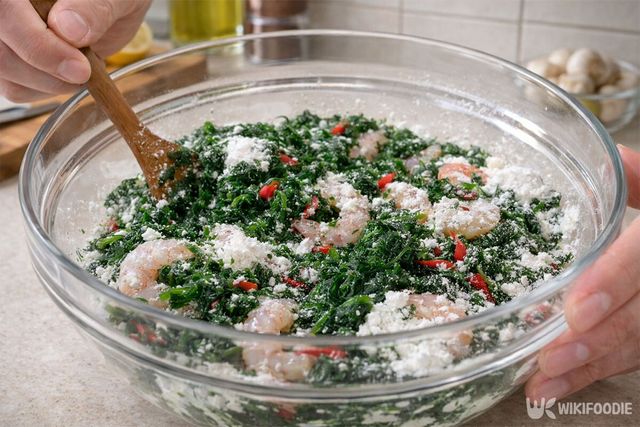 매생이와 부침가루, 새우, 홍고추를 섞고 있다. / 위키푸디