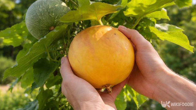 덩굴에 매달린 하늘타리 열매를 손으로 받쳐 든 모습이다. / 위키푸디