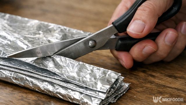 여러 겹으로 접은 은박지를 자르며 가위 날을 정리하는 과정이다. / 위키푸디