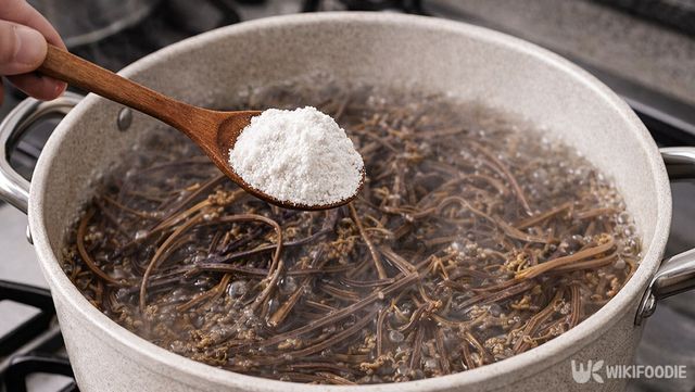 고사리에 쌀가루를 한 스푼 넣고 있다. / 위키푸디