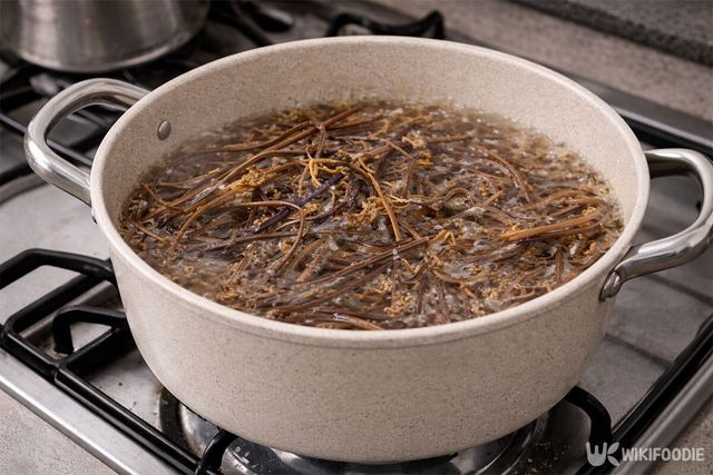 고사리를 냄비에 끓이고 있다. / 위키푸디